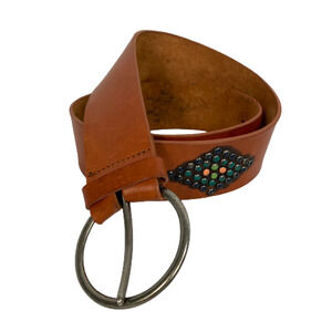 Boutique Belt Women Sz M Cognac Brown Leather Studded Round Buckle South Western